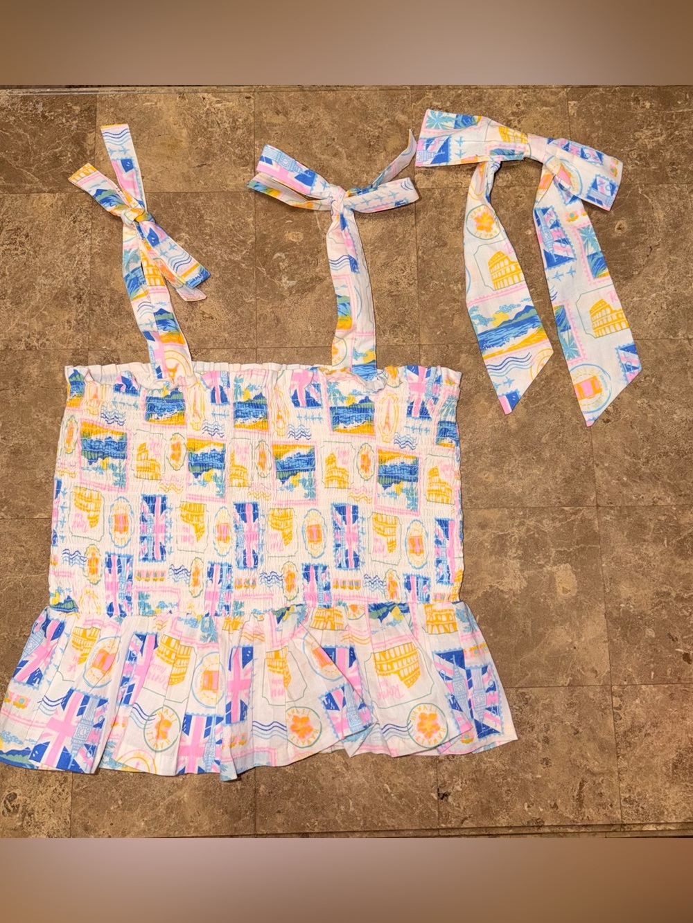 Haute Hippie Tie-Shoulder Smocked Top - Pastel Pink, Blue & Yellow